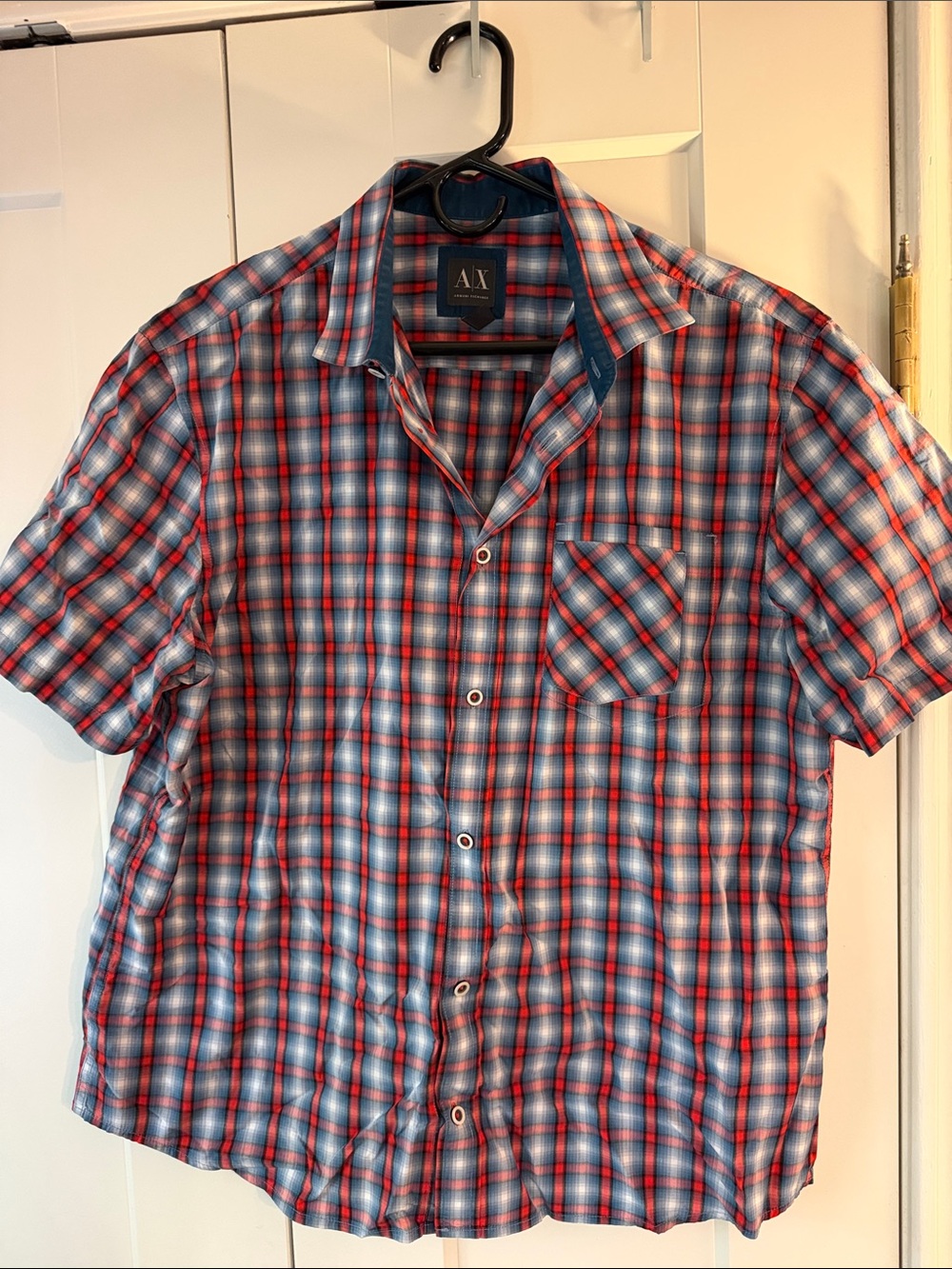 A/X Armani Exchange Men’s Red and Blue Plaid Short-Sleeve Button-Down